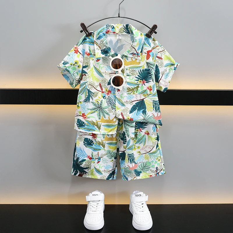 

Kids Baby Boy Clothes Boho Summer Floral Print Sets 2Pcs Short Sleeve T-Shirt+Shorts Child Boy Beach Wear Outfits2 3 4 5 6 7 Yrs