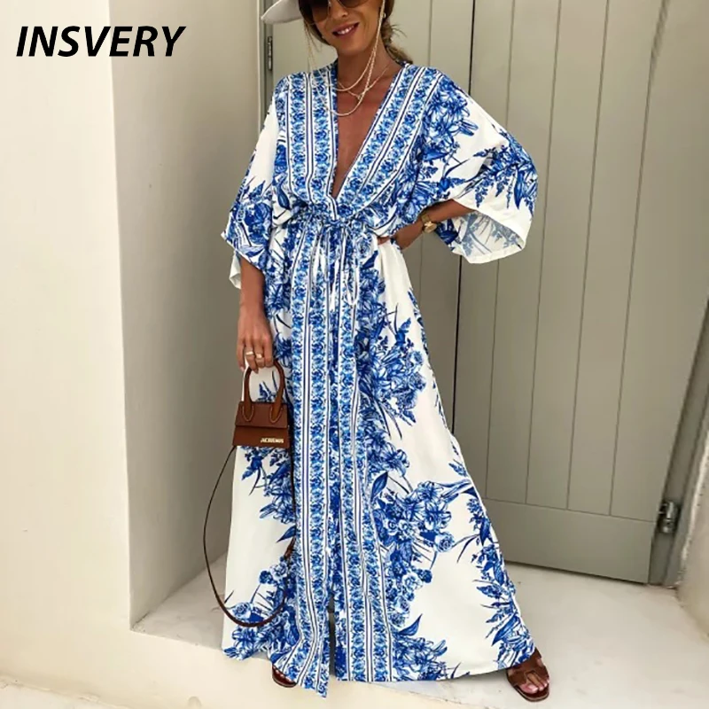 

Fashion Women Maxi Dresses V Neck Long Sleeve A-line Casual Party Dress Boho Drawstring Long Dress 2022