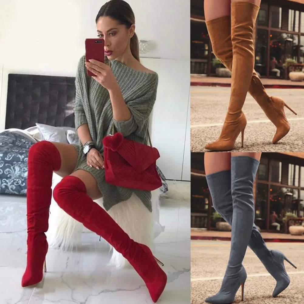 

Comemore New Women's Shoes Woman Small Large Size 43 33 34 Flock Over The Knee Boot High Heel Thigh Sexy Party Boots 2021 Autumn