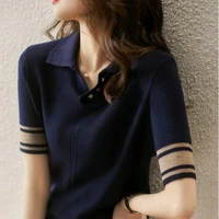 summer short sleeve knitted pullover women fashion polo collar t shirt female retro v neck button slim casual sweater tops