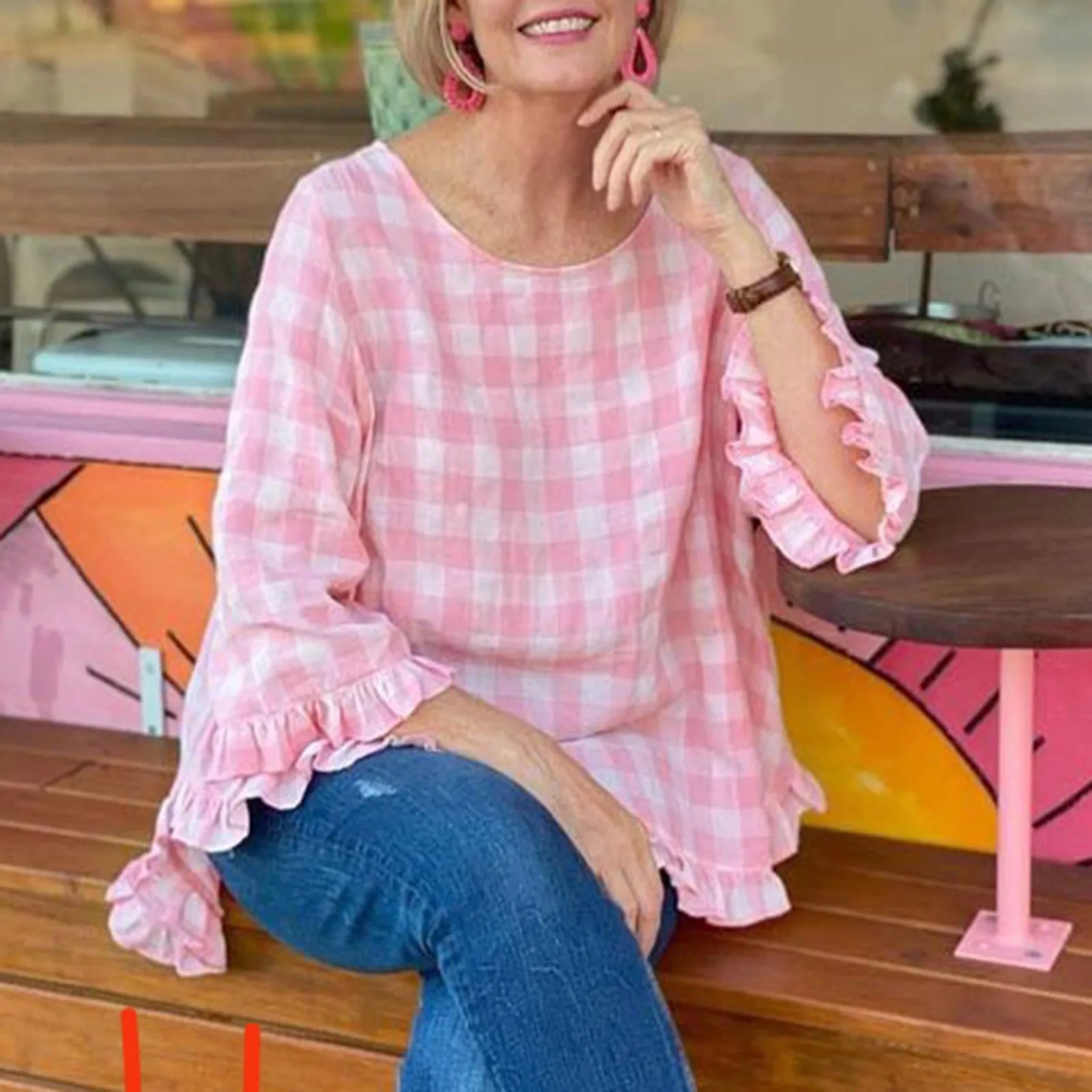 

Womens Shirts Cute Plaid Ruffles Half Sleeve O Neck Pullover Tops Oversize Youth Woman Blouses Loose Office Camisas Blusas