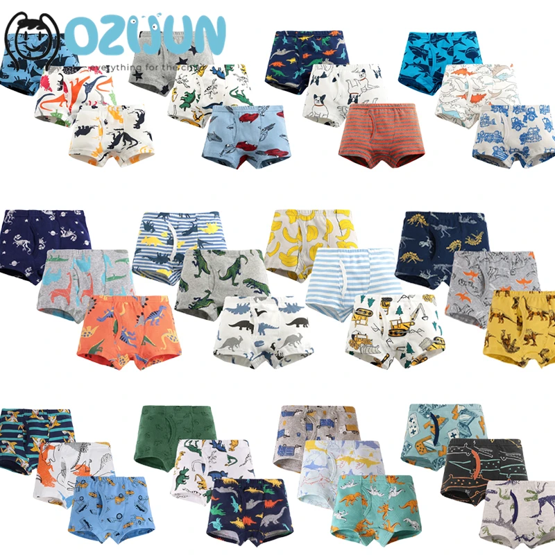 

3-pack Children's Briefs Baby Boys 100% Cotton Cartoon Print Student Male Shorts 3-12 Years Kids Daily Wear LF002 Dinosaur Car