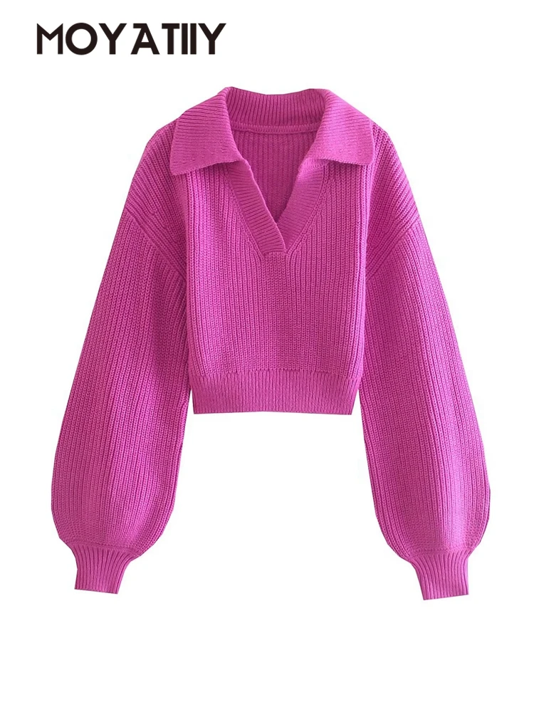 

MOYATIIY Women 2022 Winter Sweater Fashion Turn Down Collar Loose Crop Knitted Sweaters Lantern Long Sleeve Pullovers Tops