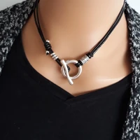 2022 new fashion women bohemian ot buckle leather rope necklace women simple ot buckle double layer leather choker necklace