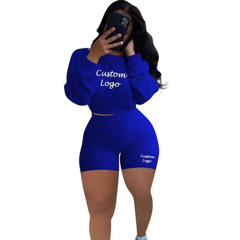 

Custom Logo 2 Pieces Set Women Threaded Casual Pullovers Long Sleeve Crop Top and Shorts Tracksuit Female Sports Suit Clothing