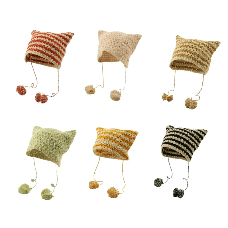 

Adult Knit Cat Ear Hat with Pompoms Decor Students Outdoor Cycling Skiing Hat Winter Keep Warm Hat for Couple