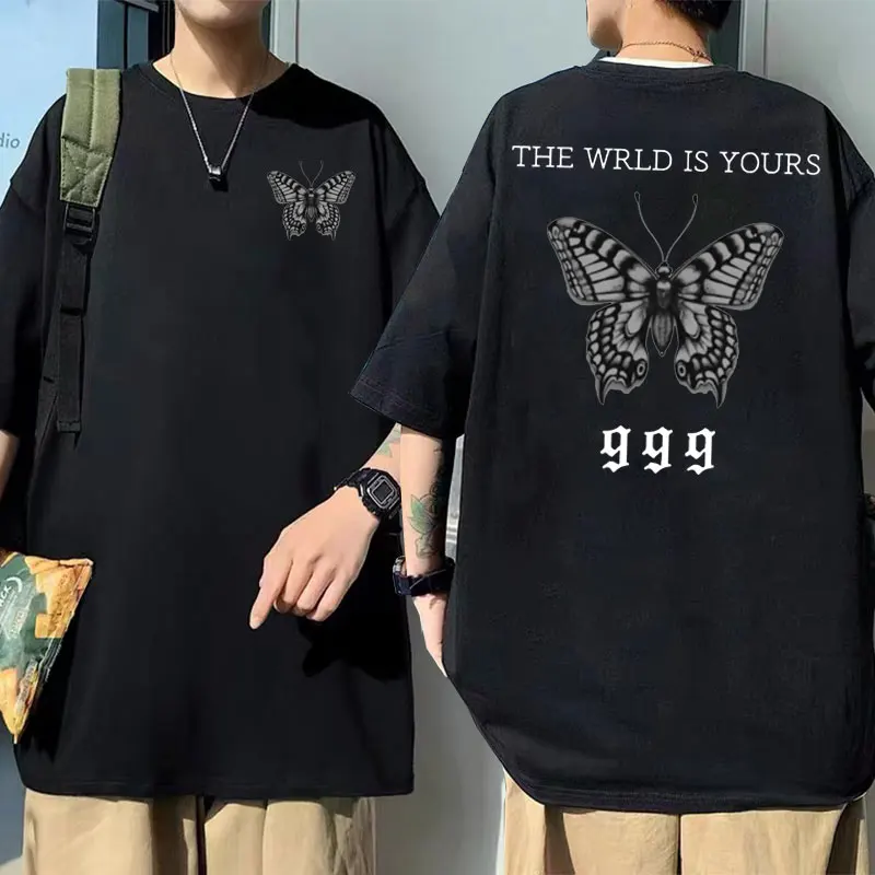 

Juice Weld The Wworld Is Yours Black Butterfly Double Sided Print Tshirt Tops Men Women Casual Tee Man Vintage Hip-Hop T-shirt
