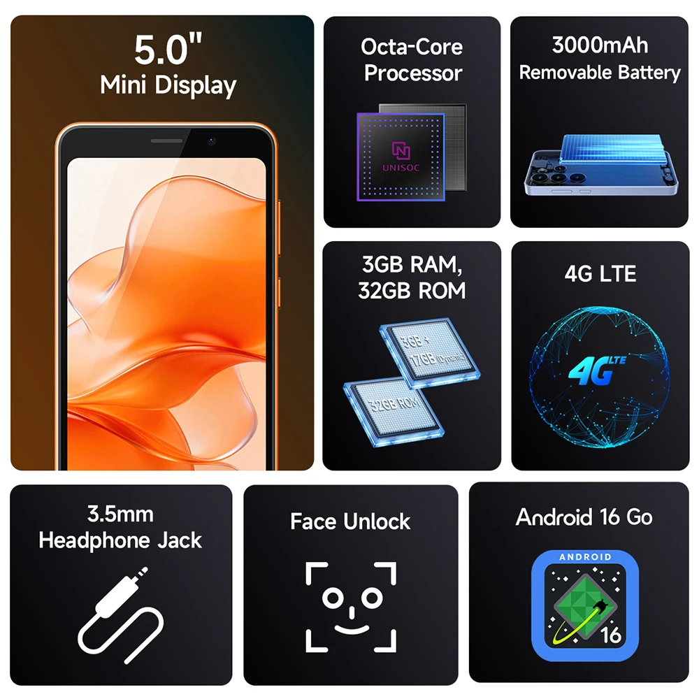 Фото 【Новинка 2026 года】 Ulefone Note 22 4G — мини-смартфон на Android 16 Go (3 ГБ ОЗУ + 32 ГБ ПЗУ), мобильный телефон со съемным аккумулятором 3000 мА·ч и 5.0-дюймовым дисплеем №2