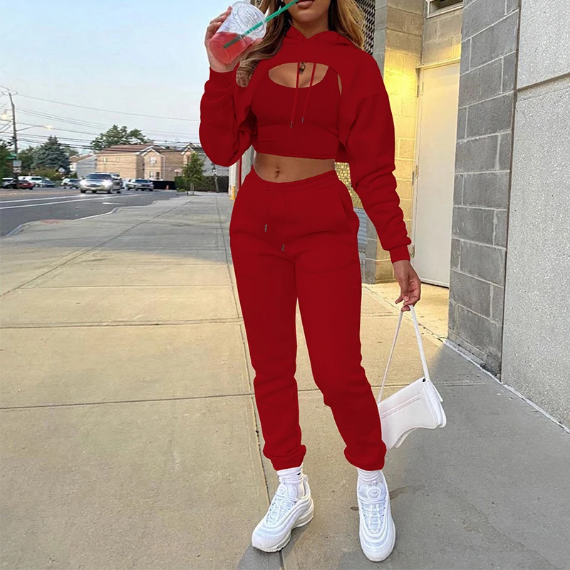 

Female Hoodies Tanks Top Long Pants Club 3 Pieces Sets 2021 Winter Girl Bodycon Sets Party Women Suit Drawstring Outfits G3159