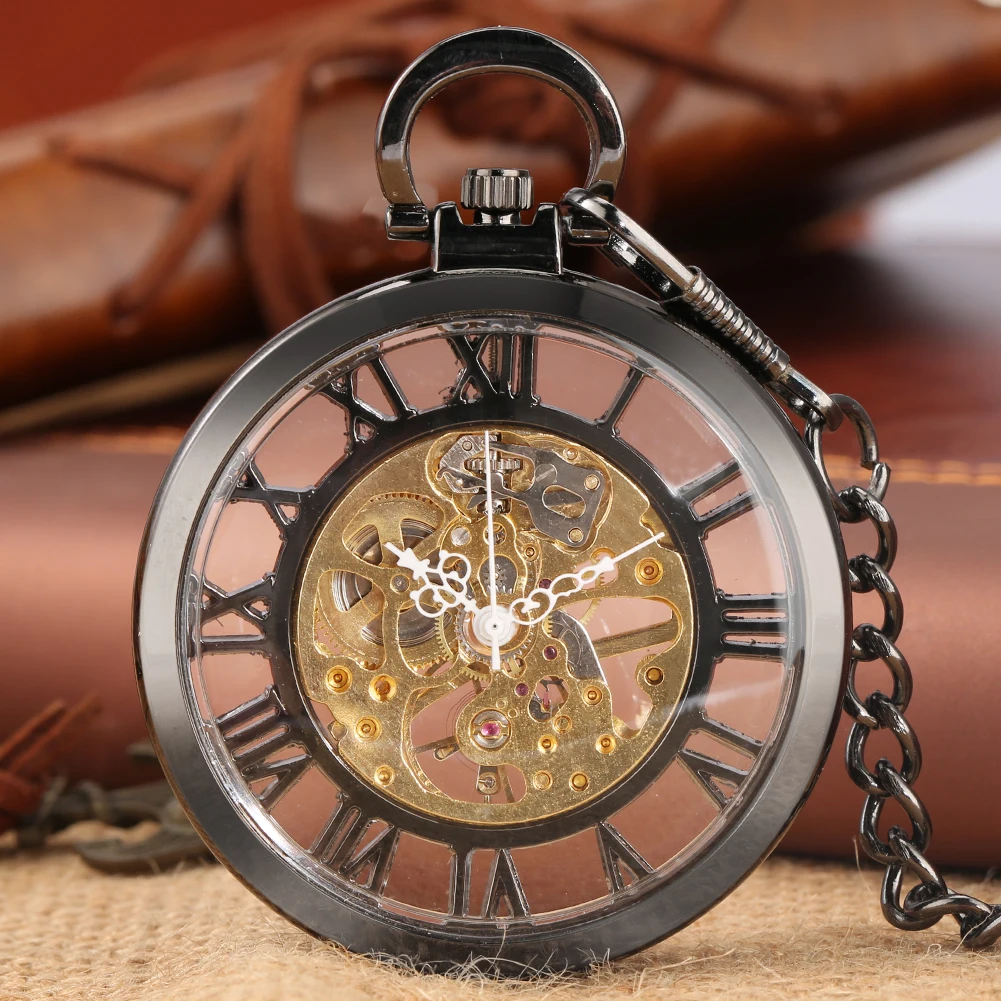 Roman Numerals Skeleton Mechanical Pocket Watch Open Face Transparent Glass Pendant Hand-Winding Antique Pocket Timepiece