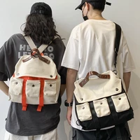 work clothes canvas backpack splicing contrast color large capacity backpack retro fashion leisure versatile student schoolbag
