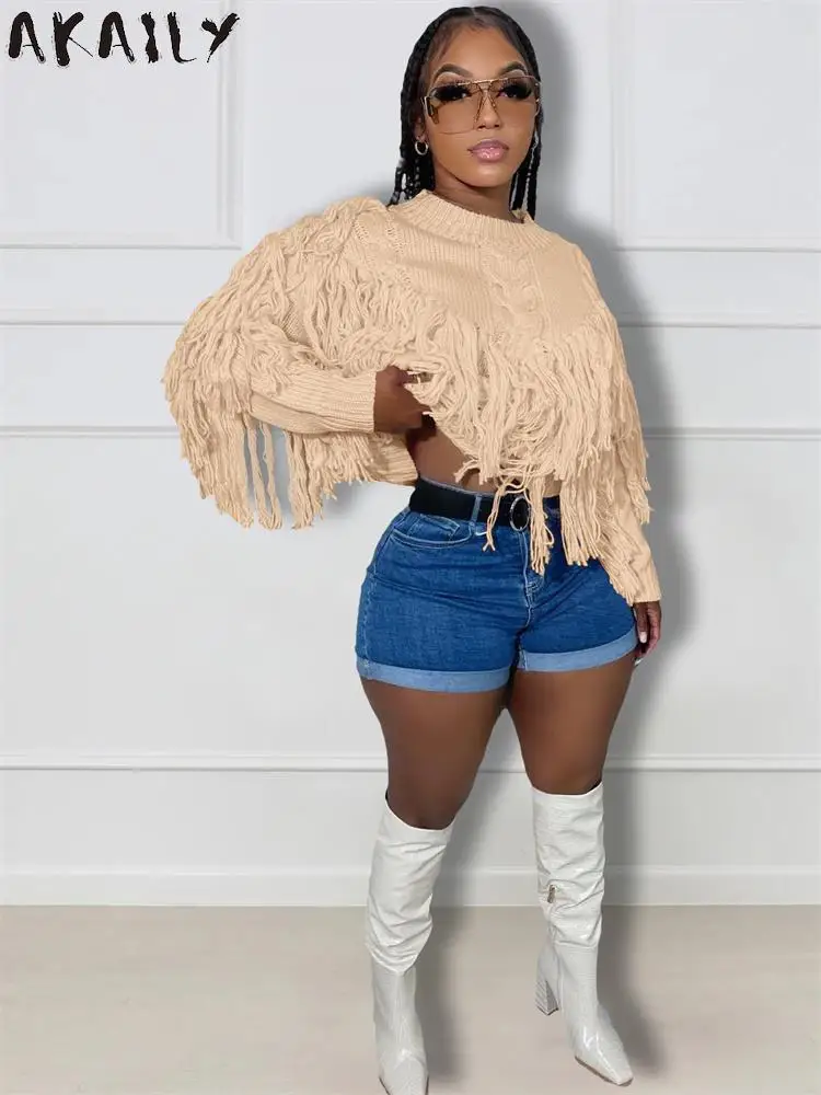 

Женский свитер с кисточками Akaily, розовый или черный повседневный укороченный свитер с длинными рукавами, модель Y2K на осень и зиму, 2022