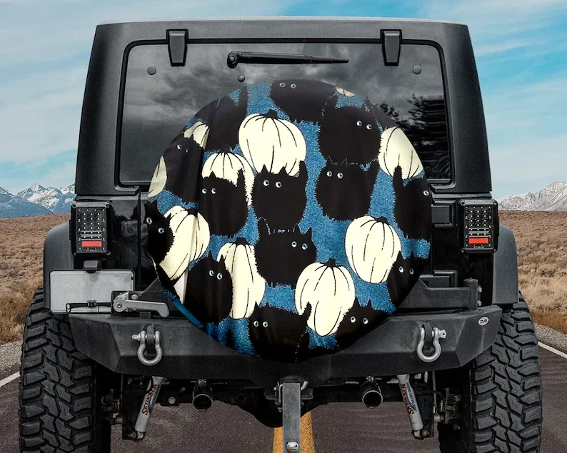 

Black Cat Pumpkin Halloween Spare Tire Cover, Halloween Decor, Spare Tire Cover For Jeep, Funny Halloween Day gift, Backup