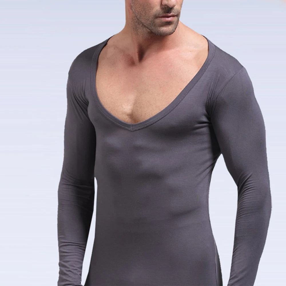 Mens Winter Thermal Underwear V Neck Thermal T-Shirt Warm Solid Color Base Layer Long Sleeve Underwear Top