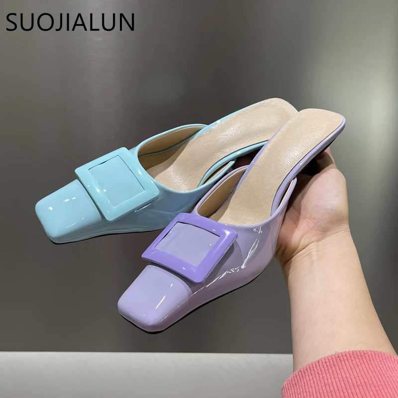 

SUOJIALUN 2023 Spring New Women Slipper Fashion Buckle Ladies Elegant Sandal Shoes Thin High Heel Dess Pumps Shoes Slip On Mules