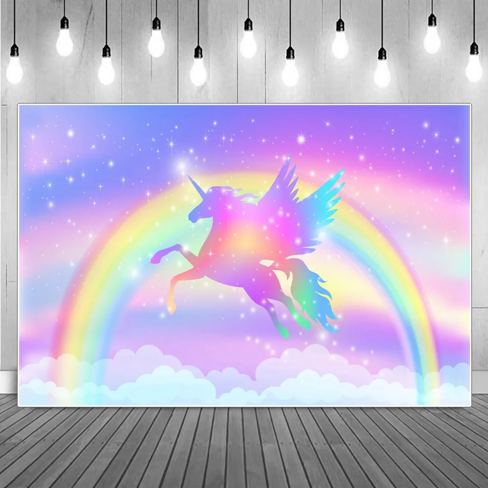 

Flying Unicorn Gradient Rainbow Photography Backgrounds Cartoon Light Spots Clouds Baby Party Home Decoration Photo Backdrops