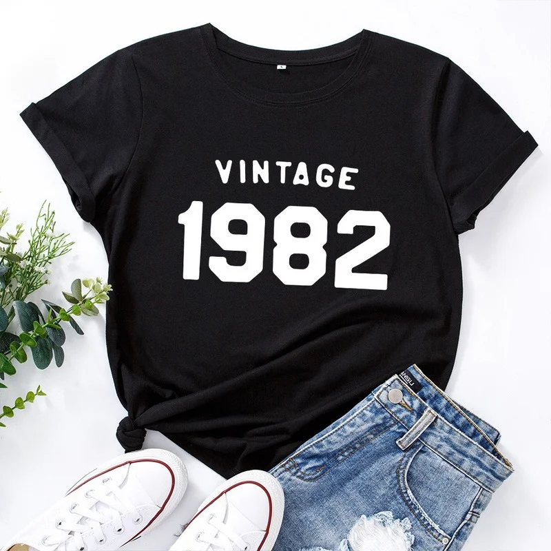 

JCGO Summer Women T Shirts Cotton Vintage 1982 Letters Print Female Graphic Tees Tops Short Sleeves Ladies O-Neck Casual Tshirts