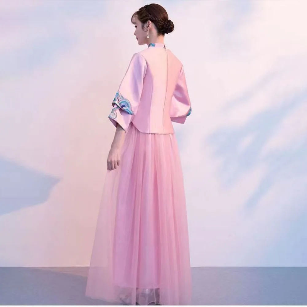 Женское вышитое платье в китайском стиле с длинным рукавом и воротником-стойкой