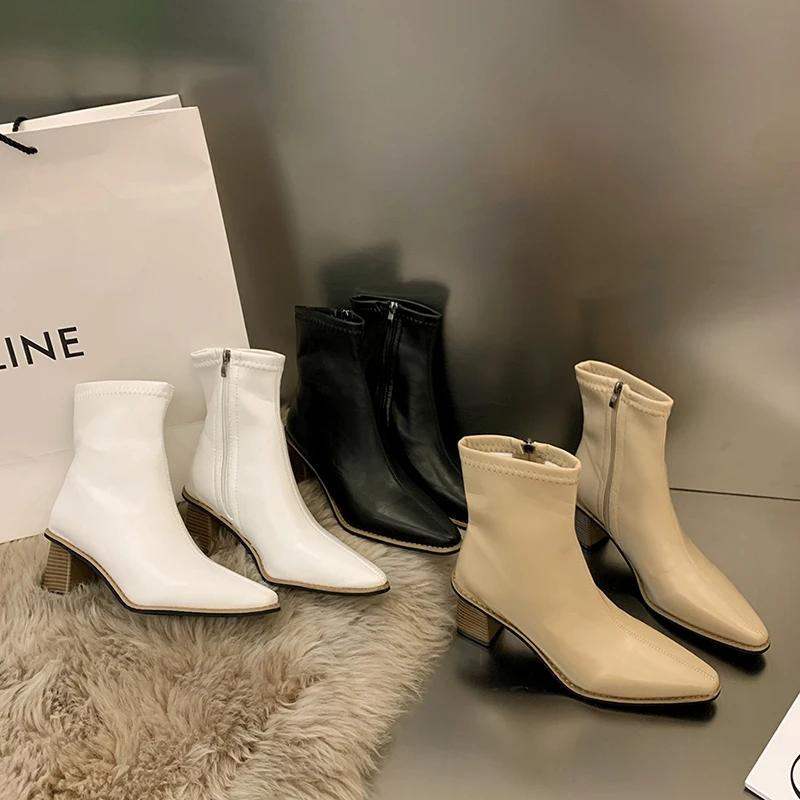 

Женские ботильоны на высоком каблуке, Зимние ботильоны из мягкой кожи, короткие ботинки челси на молнии, обувь на высоком каблуке, 2023