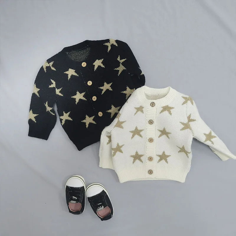 

2022 Autumn Winter New Baby Knitted Cardigan Stars Sweater Girl Children Fashion Long Sleeve Tops Coats Kid Boy Cotton Jackets