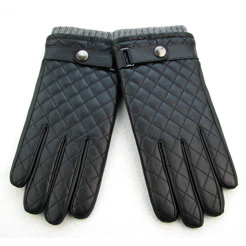New Real Leather Men Gloves Autumn Winter Thermal Plushed Thicken Wrist Knitted Black Lambskin Driving Gloves Male