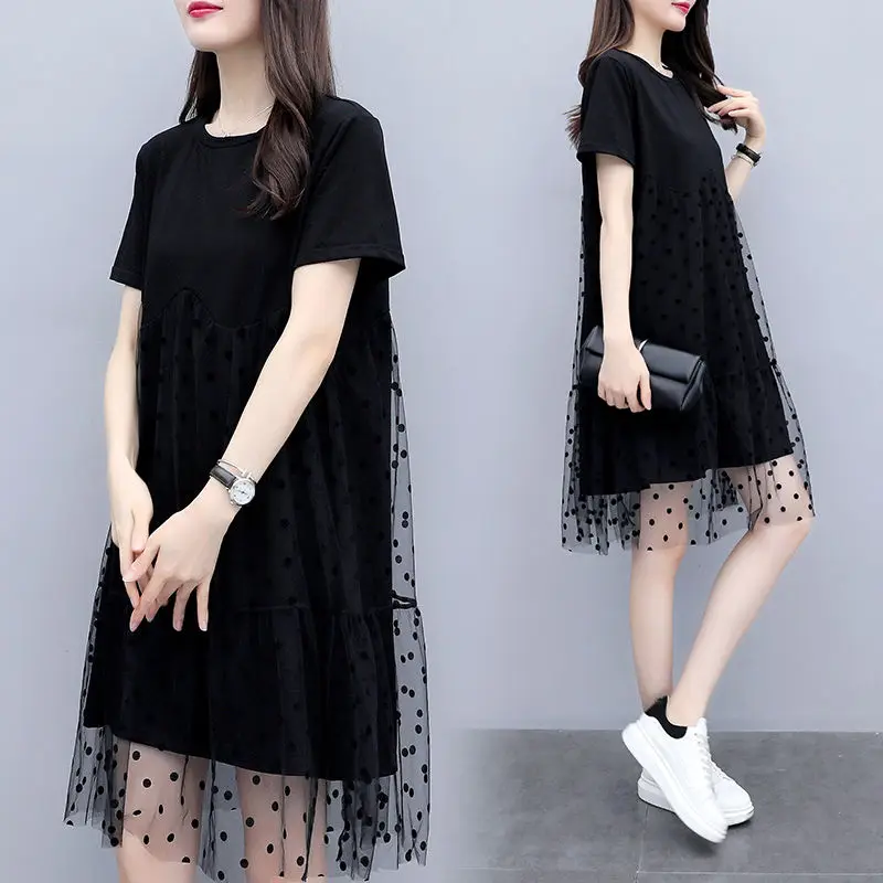 

Tshirt Dress Summer Womens Casual Black Short Sleeve Splicing Mesh Sexy Vintage Polka Dot A-Line Dresses Vestidos De Fiesta