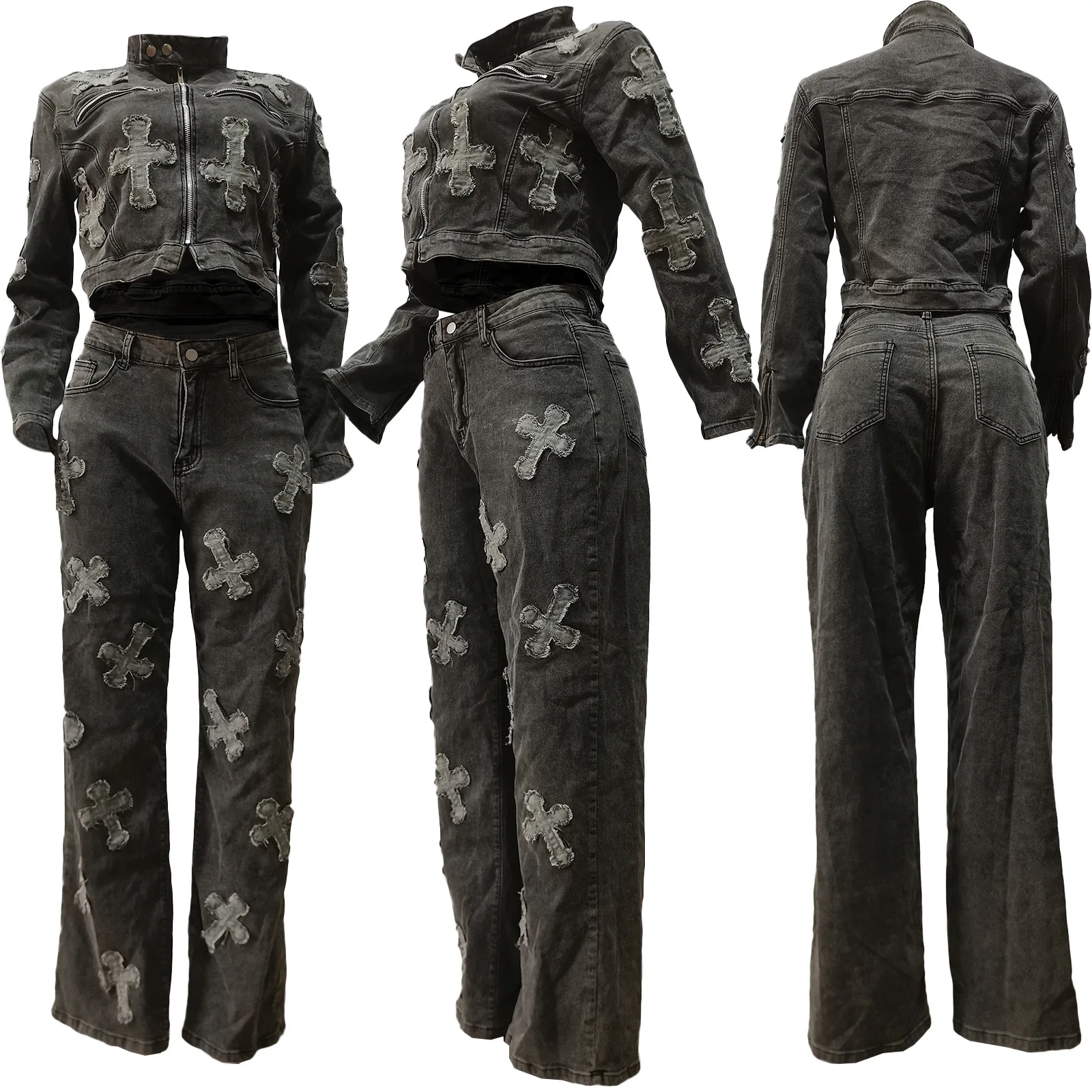 Женские комплекты осенне-зимняя Модная Джинсовая куртка с вышивкой и прямые