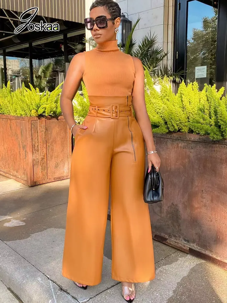 

Joskaa Solid PU Leather Wide Leg Pants Women Clothing Fashion High Waist Baggy Trousers with Belt 2023 Nightclub Female Bottoms
