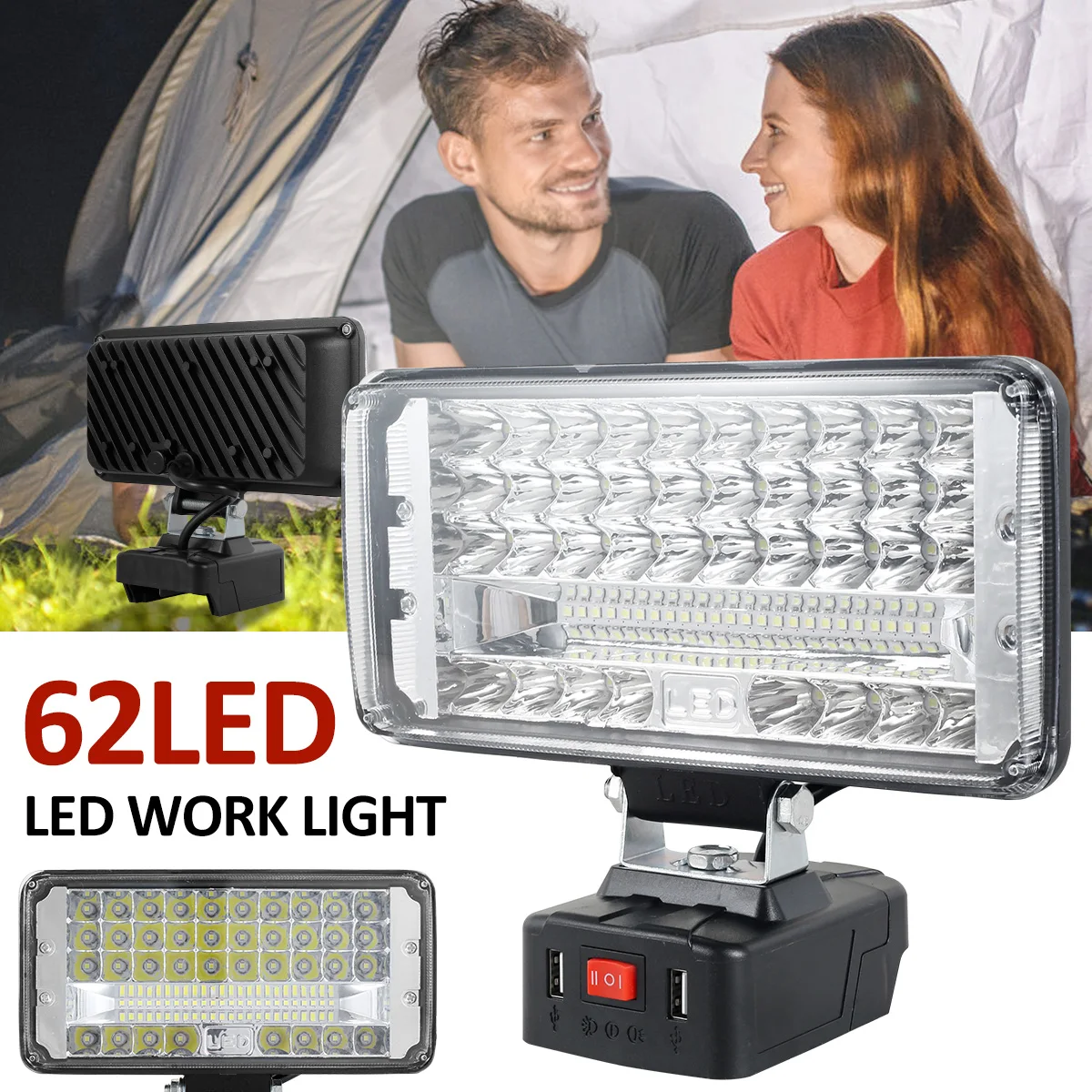 

62 LED Work Light 7inch 5500-6000K Wireless LED Floodlight Waterproof Outdoor Emergency Lights with Dual USB Portable Foldable