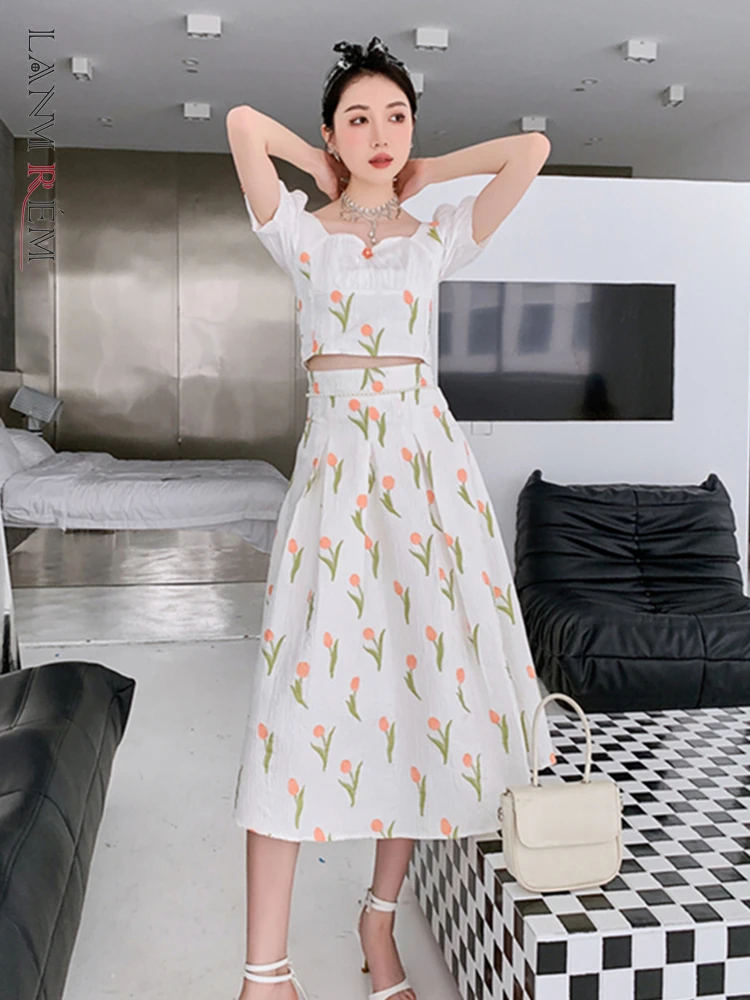 

LANMREM Floral Blouse For Women Puff Sleeves Square Collar Short Thin Top 2022 Summer New Chic Clothing Female 2R2275