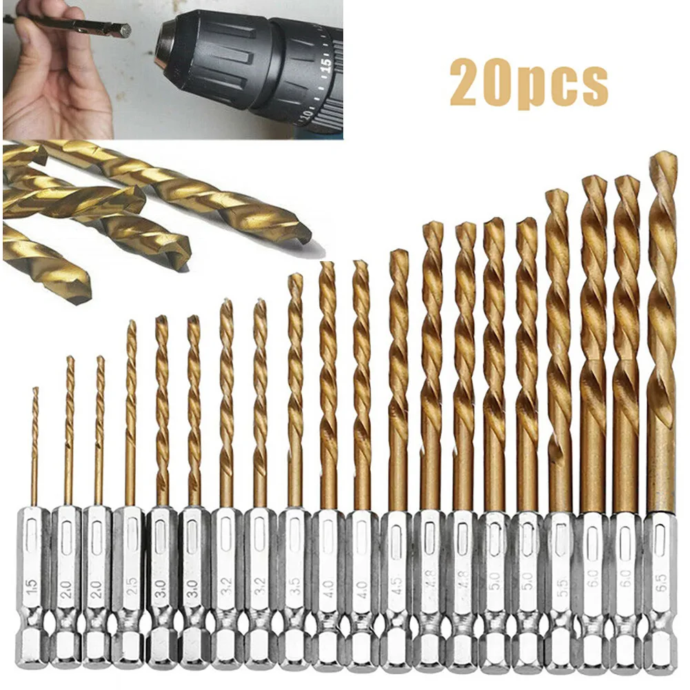 

20pcs HSS Drill Bit Set High Speed Steel Titanium Coated Drill Bit Set 1/4'' Hex Shank 1.5-6.5mm Woodworking Power Tools