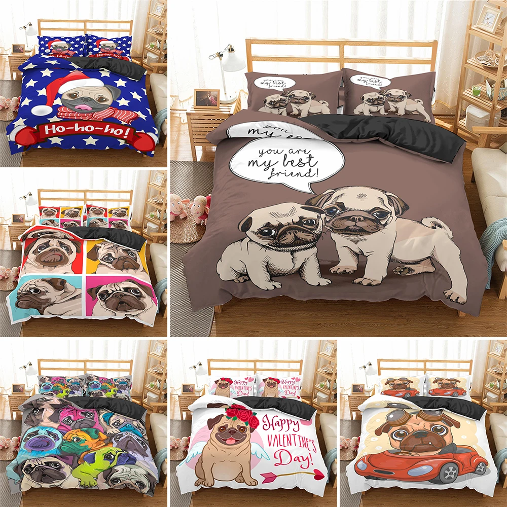 

Cute Cartoon Pug Dog Bedding Set 2/3pcs Full Queen King Size Microfiber Quilt/Comforter Cover For Kids Creative Bedroom Decor
