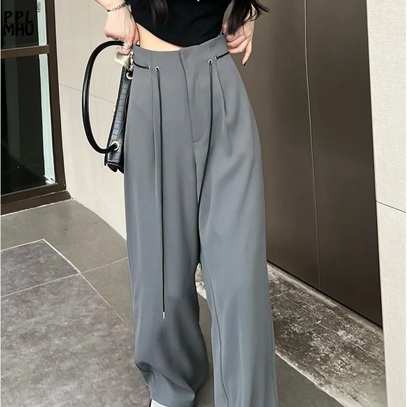 Fashion Lace Up High Waist Wide Leg Pant Spring Thin Baggy Trousers Loose Straight Pantalones Design Casual Suit Pants Women