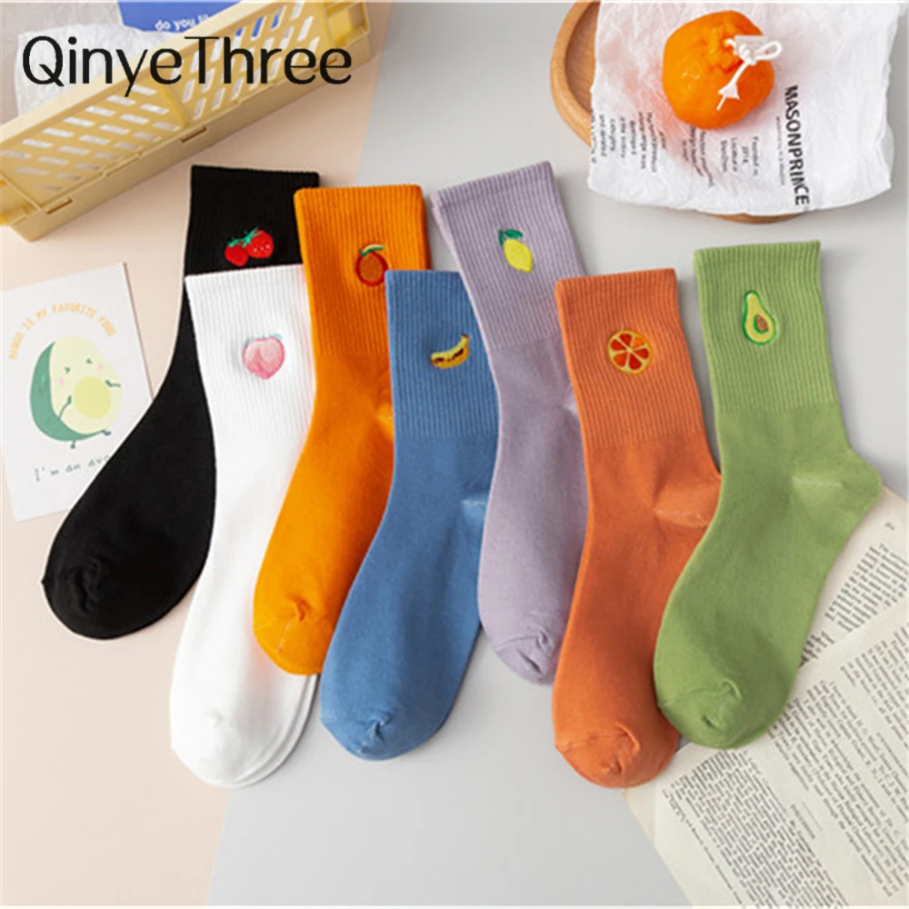

Women New Cartoon Embroidery Fruit Soft Cotton Socks Breathable Fashion Cute Literary Young Preppy Style Dropship