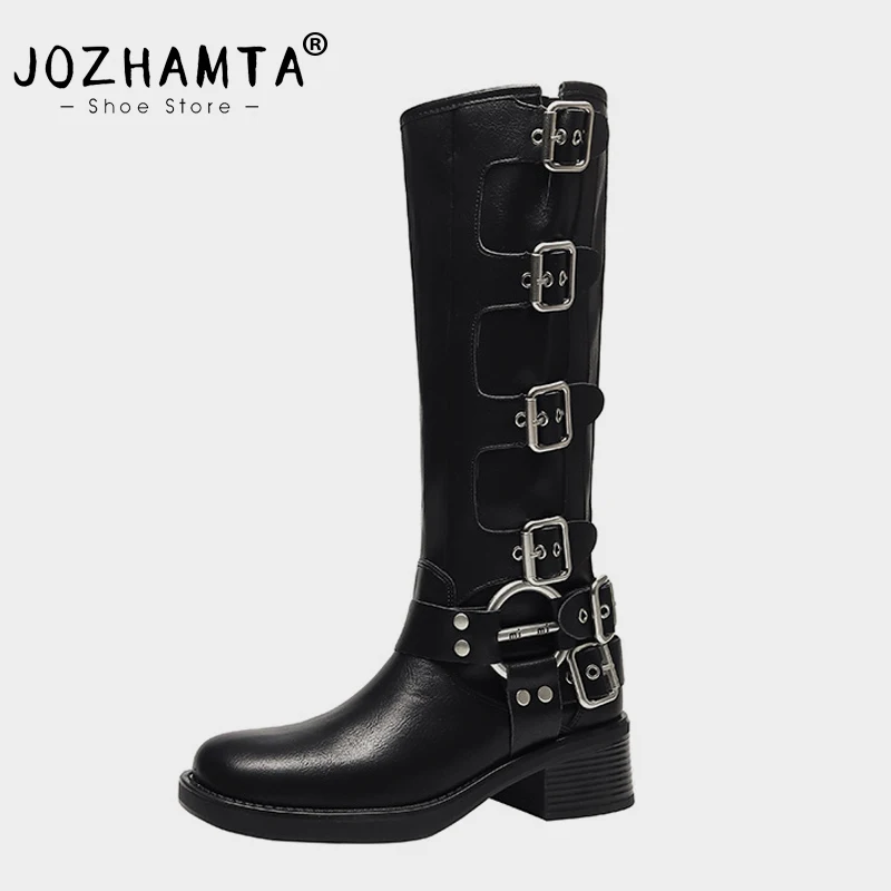 

Женские сапоги до колена JOZHAMTA, натуральная кожа, обувь в стиле ретро, Панк на толстом высоком каблуке, модная зимняя обувь в западном стиле на платформе, Размеры 35-40