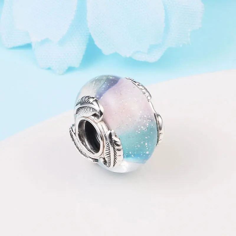 

925 Sterling Silver Multicolour Murano Glass & Curved Feather Charm Bead Fits European DIY Style Bracelets Necklaces