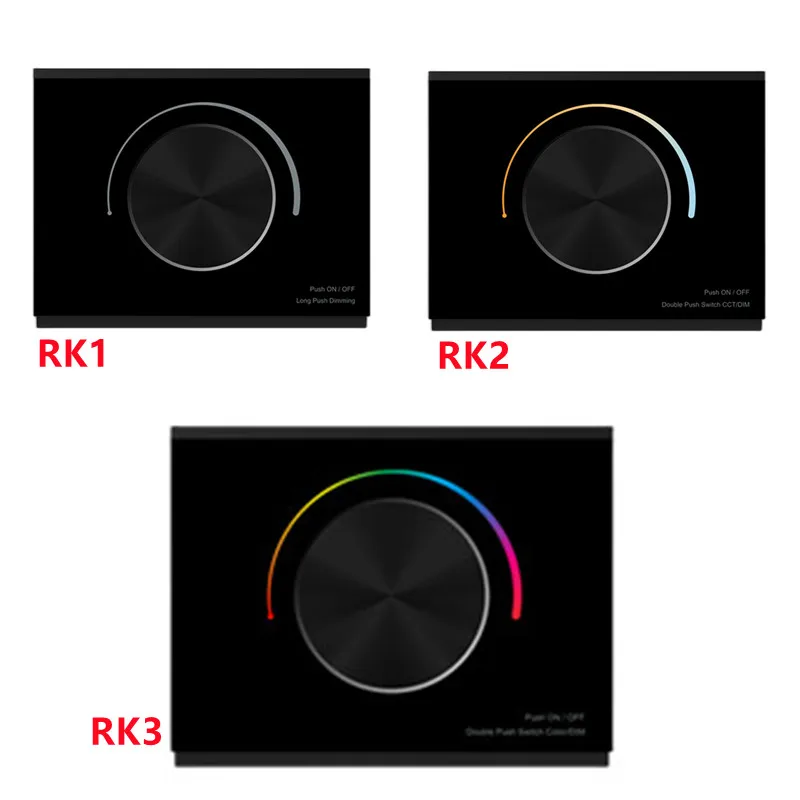 

RK1 RK2 RK3 RF(2.4GHz) Table type moved any position 1 Zone 3VDC desktop dimming remote controller Single, dual, RGB controller