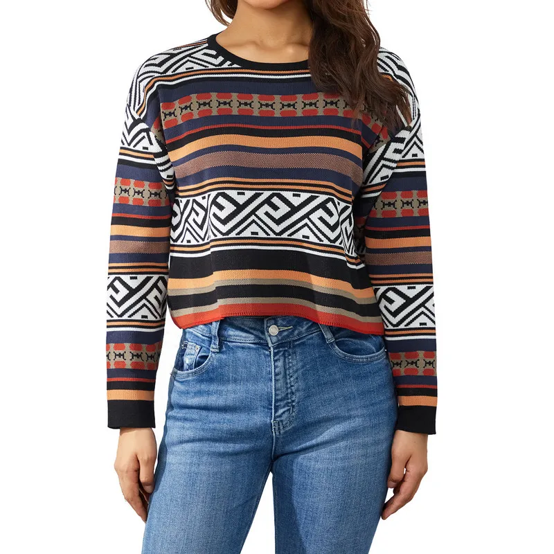 

Women Knitted Crop Tops Sweater Autumn Clothing 2022 Fashion Casual Striped Long Sleeves Crew Neck Pullover Tops Streetwear