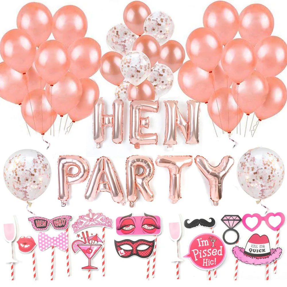 

JOYMEMO Rose Gold Latex Confetti HEN PARTY Foil Balloons Set for Women Bachelor Party Bridal Wedding Party Decoration Supplies