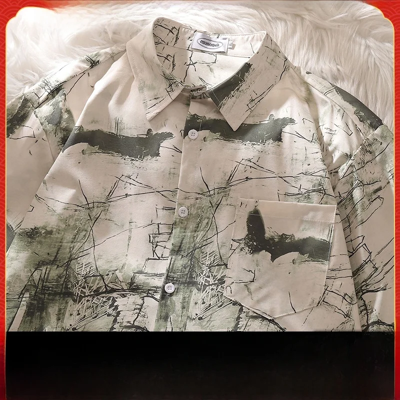 Chinese Sle Artistic Graffiti Short sleeve Shirts Women 2024 New Fashion Brand Loose Casual Couple Drape Half Sleeve Shirt |