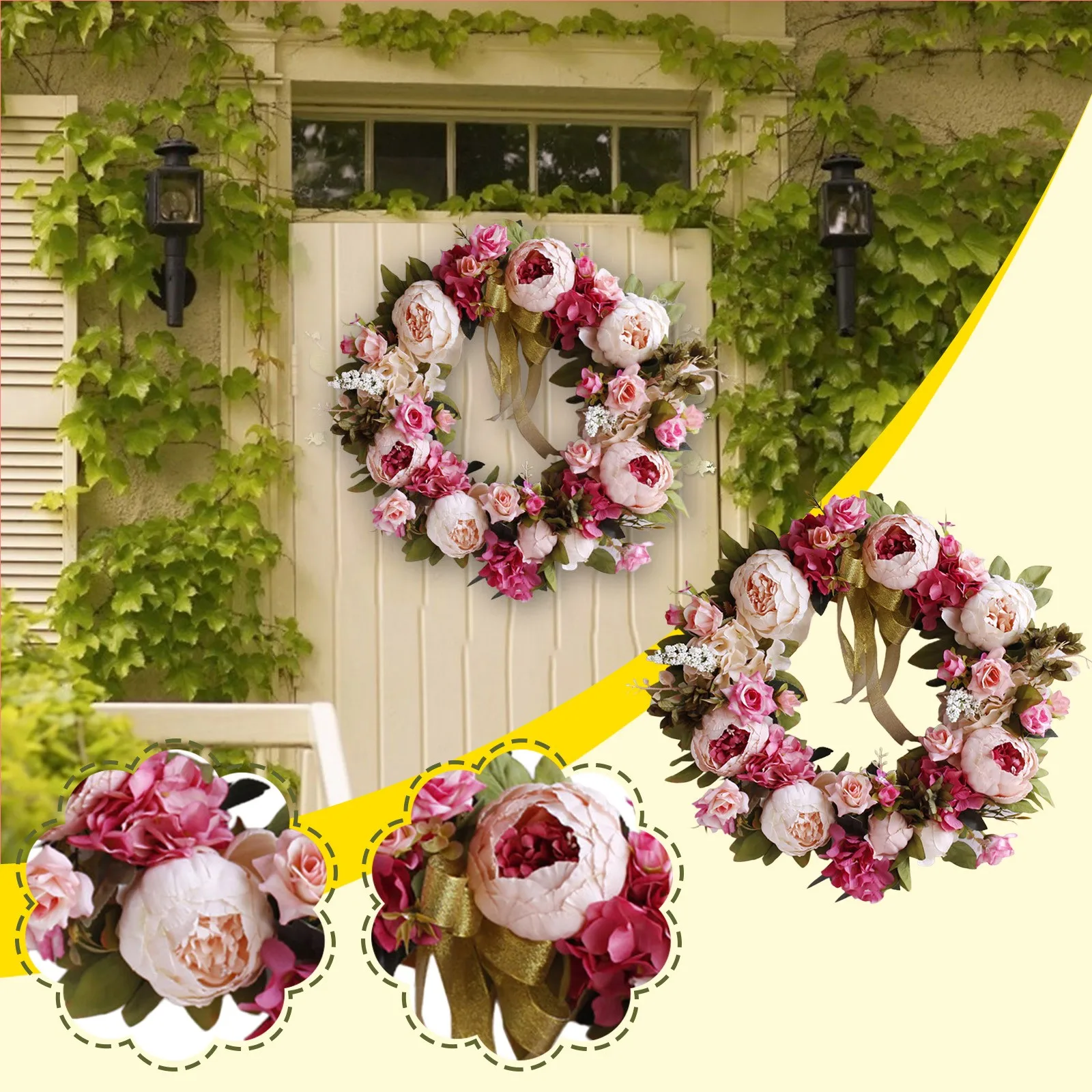 

Искусственный цветок, венок, искусственная пружина, украшение для двери, пластиковое растение, венок на переднюю и осеннюю дверь, шелковые цветочные композиции