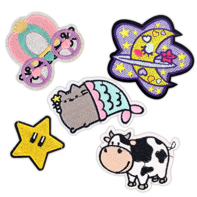 

Children Kids Iron on Patches for Clothing Embroidery Badges Applique Stickers on Clothes Patch Cartoon Cute Cow Moon Star Cat