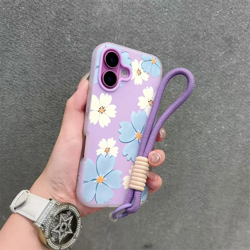 Светло-голубой чехол для телефона с цветочным принтом для Samsung Galaxy S26 S25 S24 S23 S22 S21 Ultra Plus A55 A35 A34 с ремешком на запястье и шнурком (art.: 3920dc8243e08) - 3920dc8243e08