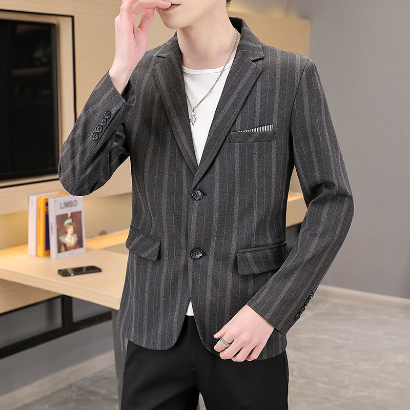 

2023 Men Blazers Fashion Stripe Casual Suit Jackets Korean Slim Fit Wedding Business Dress Coat Social Blazer