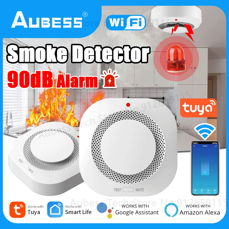 

Датчик дыма AUBESS Tuya, Wi-Fi датчик для умного дома, система охранной сигнализации, работает с Alexa Google Assistant