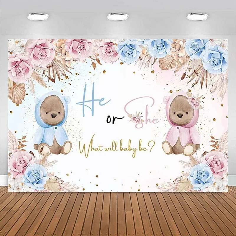 

Gender Reveal Backdrop He or She Party Decorations Photography Background Pink Blue Bear What Will Baby Be Baby Shower Banner