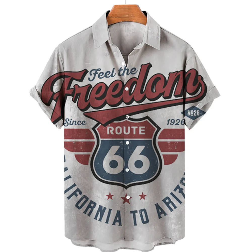 Men'S Hawaiian Shirts Route 66 3D Printing Shirt Casual Blouse Short Sleeve Oversized Male Clothing Tops Tee Outdoor Streetwears