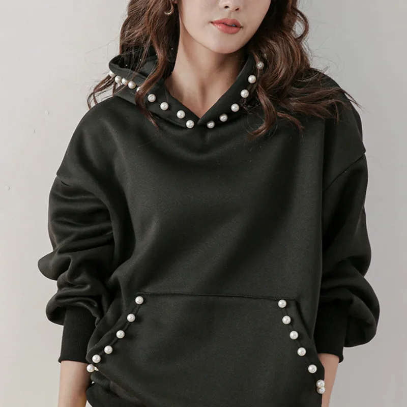 

2021 Spring Black Casual Sweatshirt Knit Hoodies Women Thick Warm Solid Grey Loose Turtleneck Pullovers Korean All-match Jacket