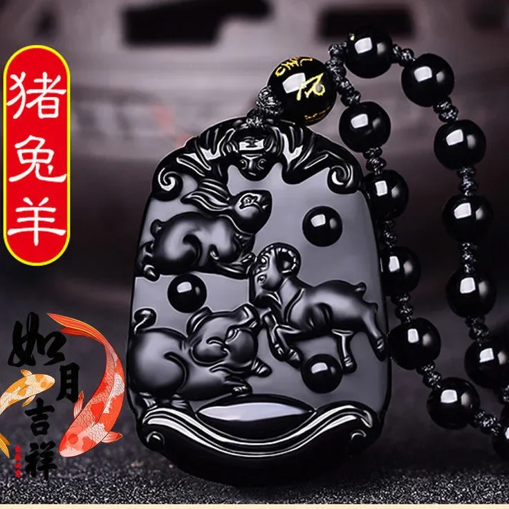 Кулон-Амулет из природного черного обсидиана с китайским зодиаком ручная работа