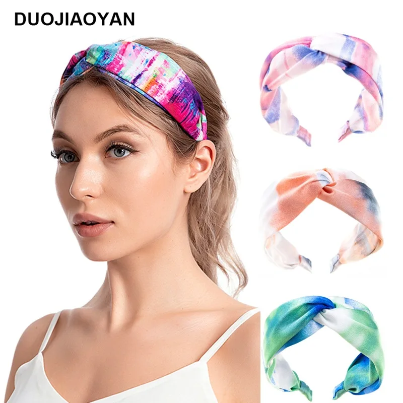 

Europe And America Cross Border Creative New Tie-Dyed Fabric Cross-Knotted Wide Brim Hair Band All-Match Internet Celebrity Phot